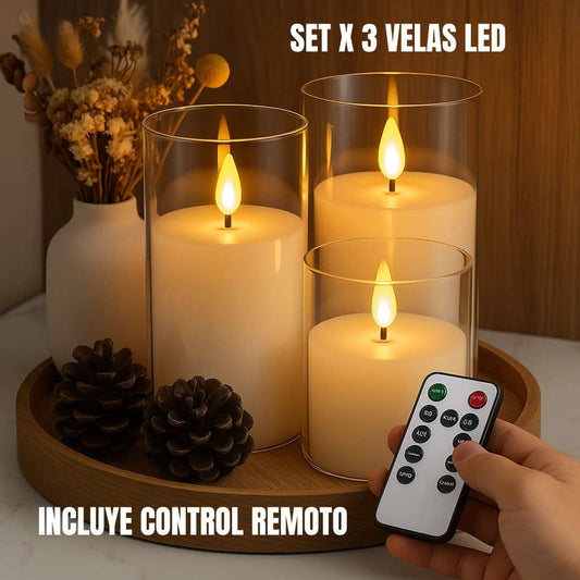 Set x3 Velas LED con Llama Realista y Control